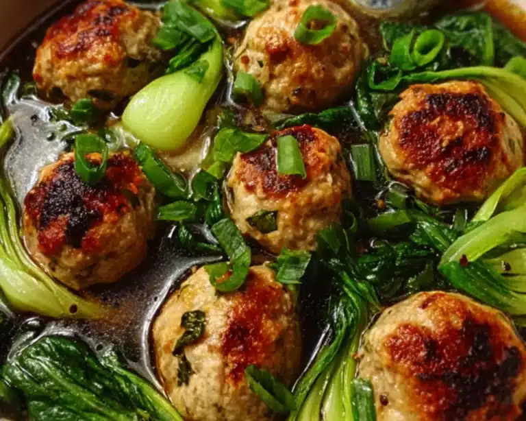 steamed chicken meatballs bok choy