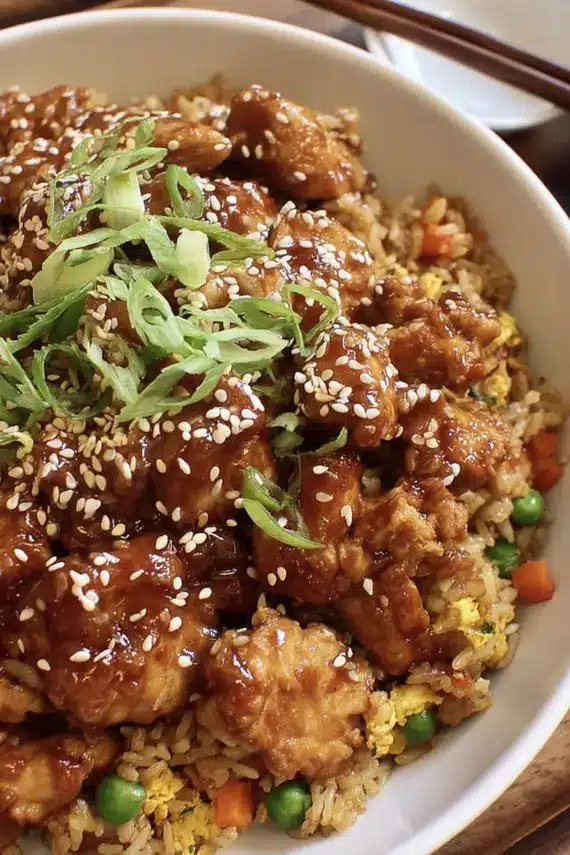 Delicious sticky glazed chicken fried rice in a skillet with steam rising