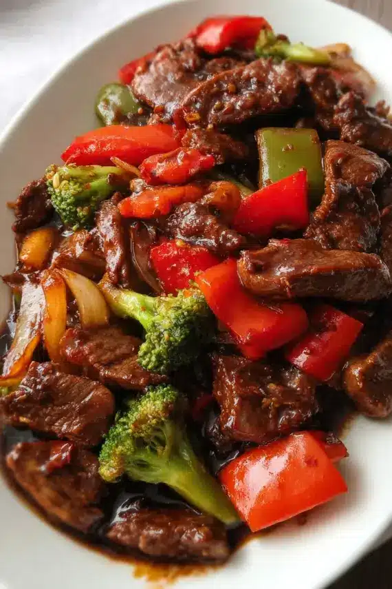 Black pepper beef stir fry sauce being poured over rice