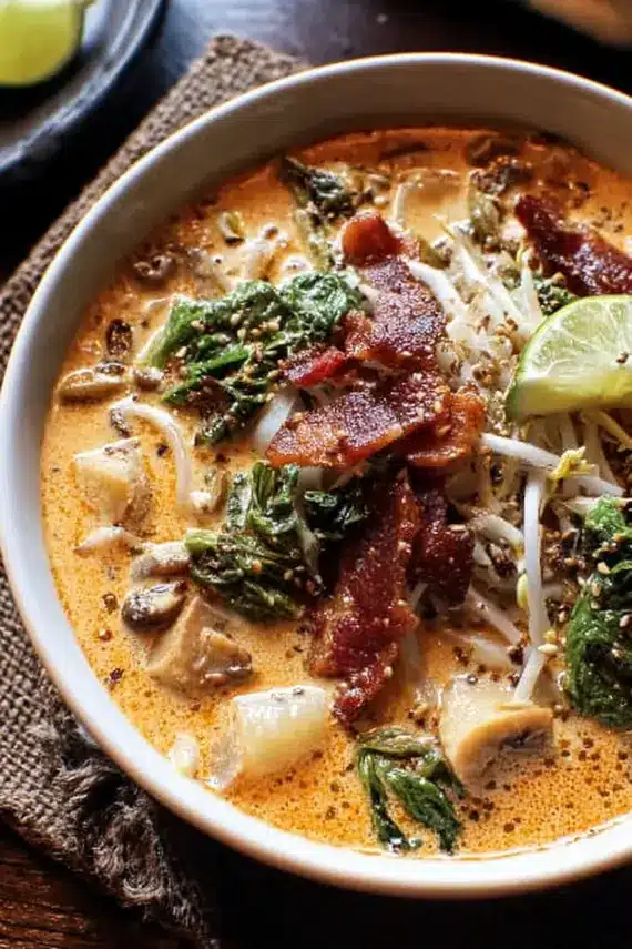 Thai coconut bacon noodle soup in a bowl
