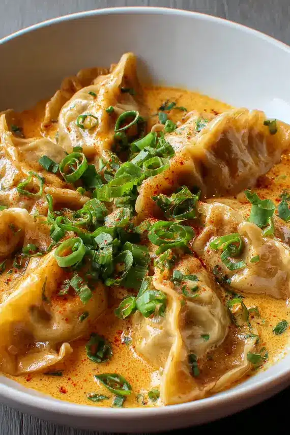 Freshly baked Thai potstickers arranged on a serving plate with curry sauce drizzled on top