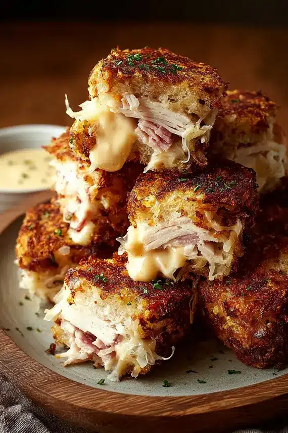 Turkey reuben bites served on a platter as appetizers