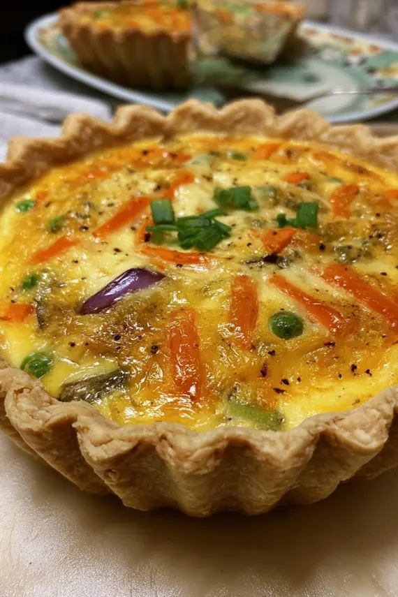 Freshly baked mixed vegetable quiche with golden crust
