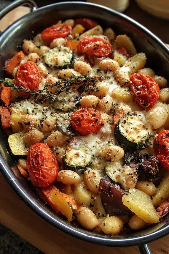 Roasted vegetable cannellini bean bake with golden cheese topping in a ceramic baking dish
