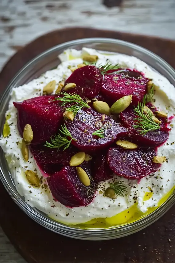 Whipped feta marinated beets served as a dip with vegetables and bread