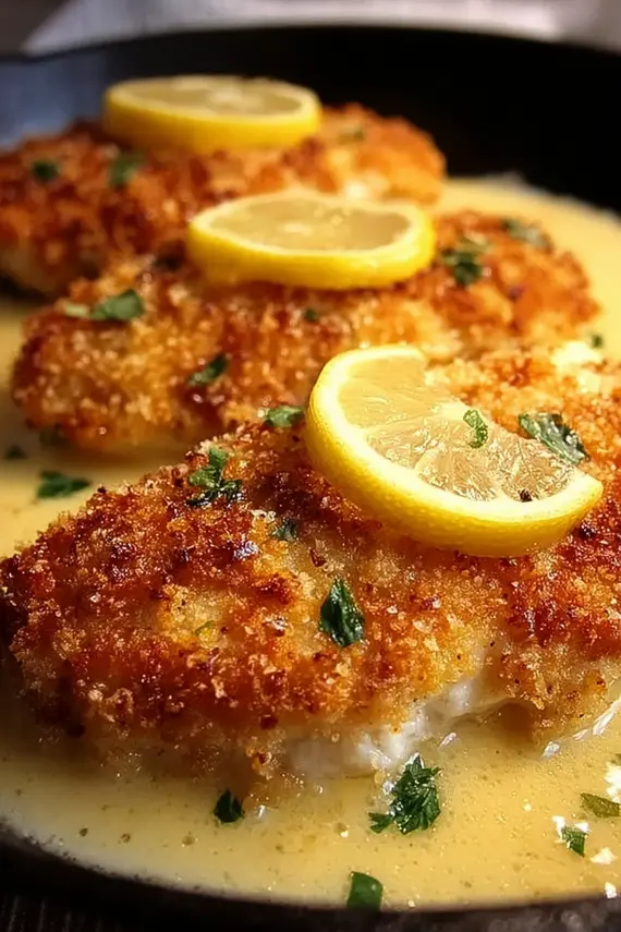 Lemon pecorino crusted chicken plated with fresh vegetables and herbs