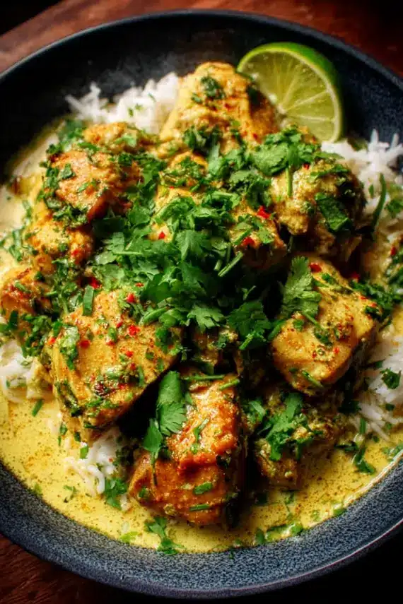 Coconut chicken with aromatic spices served with jasmine rice and fresh herbs