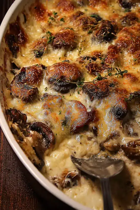 Bubbling bacon portobello mushroom gratin with melted cheese