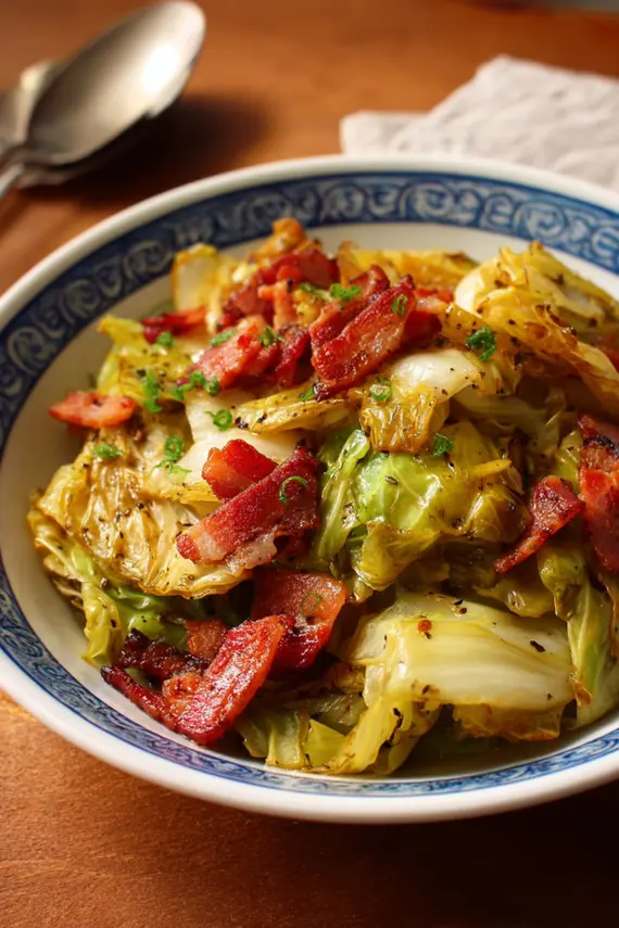 Braised cabbage with bacon and garlic served as a side dish with meat