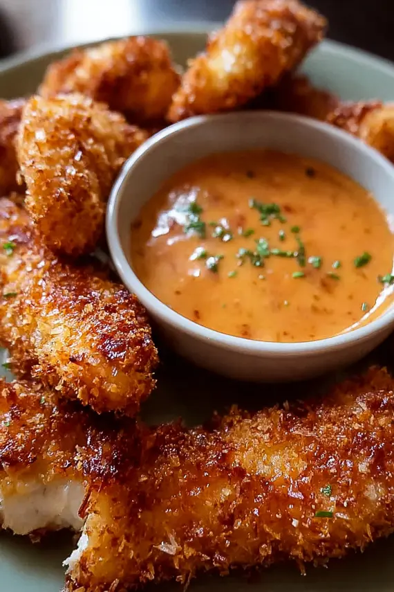 Delicious bang bang sauce being drizzled over crispy coconut chicken