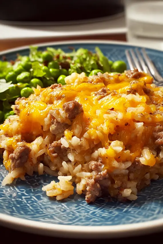 Beef rice casserole topped with melted cheddar cheese fresh from the oven