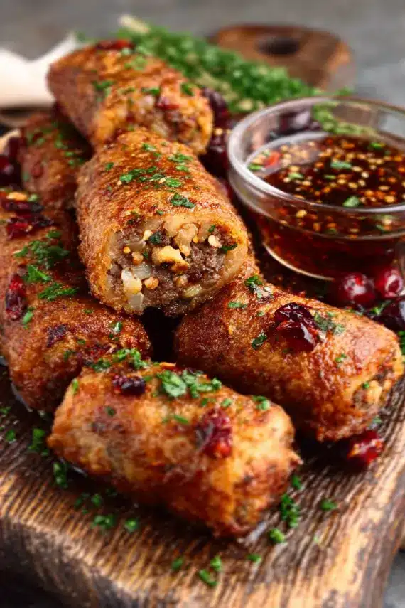 Delicious beef rolls with cranberries and walnuts on a serving platter