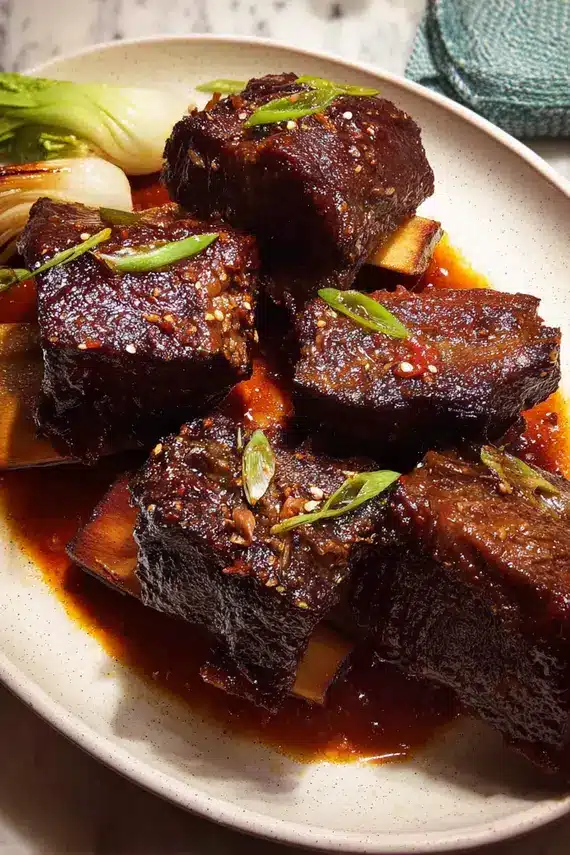 Tender soy braised beef short ribs with glossy sauce and garnish