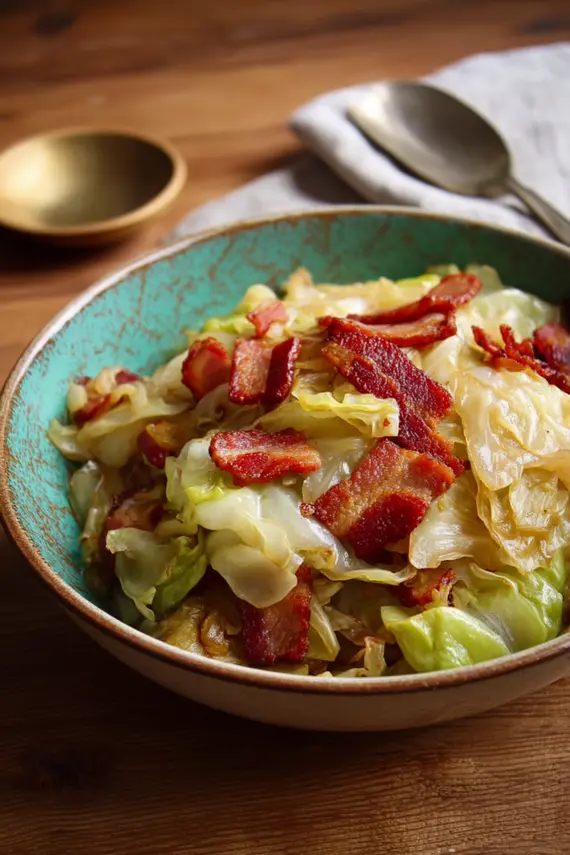 Delicious braised cabbage with bacon and garlic in a serving dish