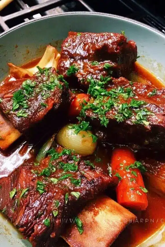 Perfectly braised beef short ribs without wine on a serving platter