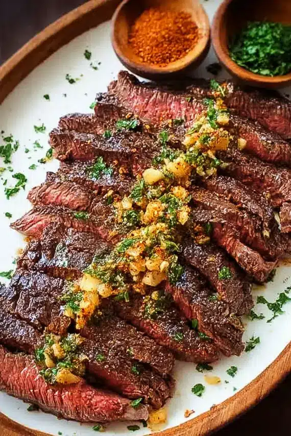 Brazilian garlic butter steak served with traditional sides including farofa, vinagrete and Brazilian rice