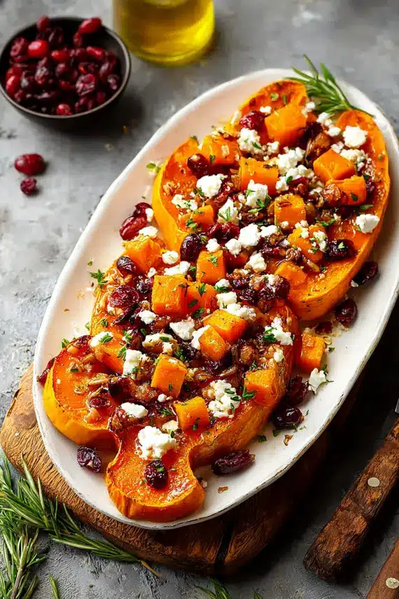 Roasted butternut squash with feta and cranberries served in a decorative bowl