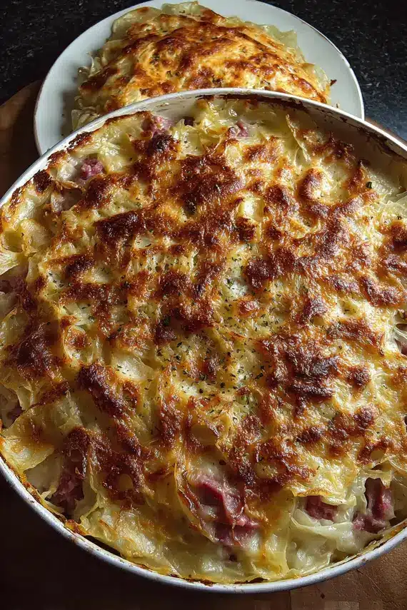 Corned beef cabbage parmesan bake served as a complete dinner