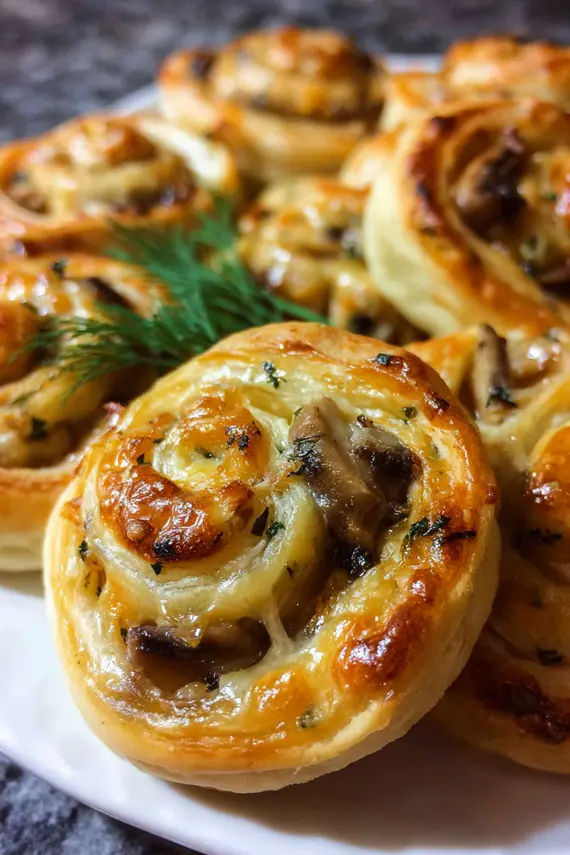 Freshly baked mushroom cheese pinwheels with golden crust