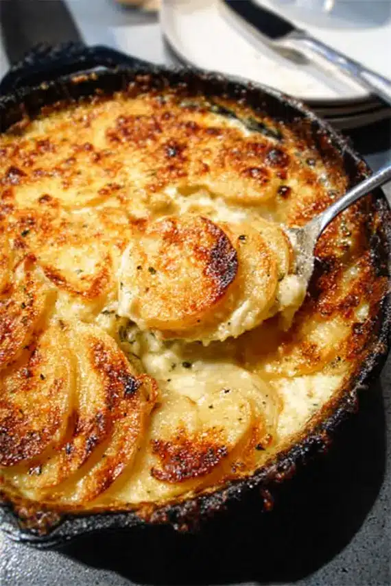 Golden brown parmesan gruyere potato gratin fresh from the oven