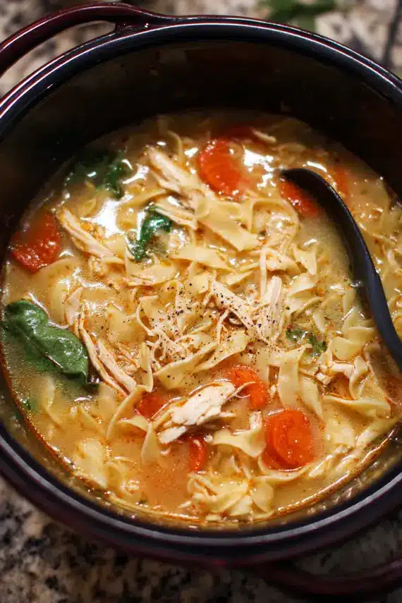 Homemade marry me chicken soup recipe with vegetables and noodles