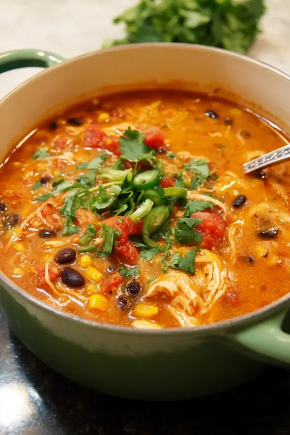 Steaming bowl of southwestern chicken enchilada soup topped with fresh cilantro