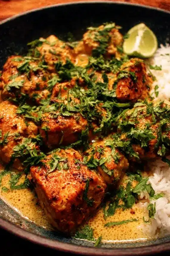 Delicious coconut chicken with aromatic spices in a creamy sauce garnished with fresh cilantro