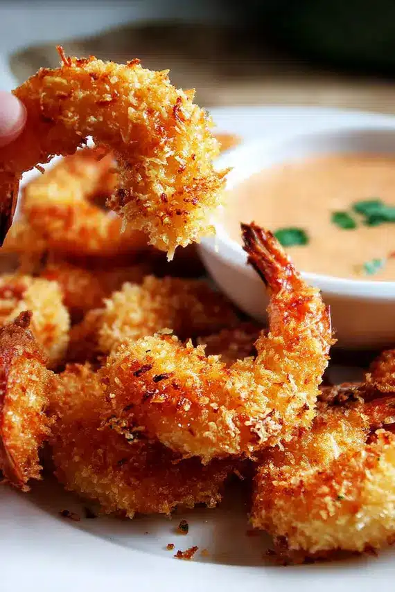 Coconut shrimp appetizer arranged on a platter with dipping sauce