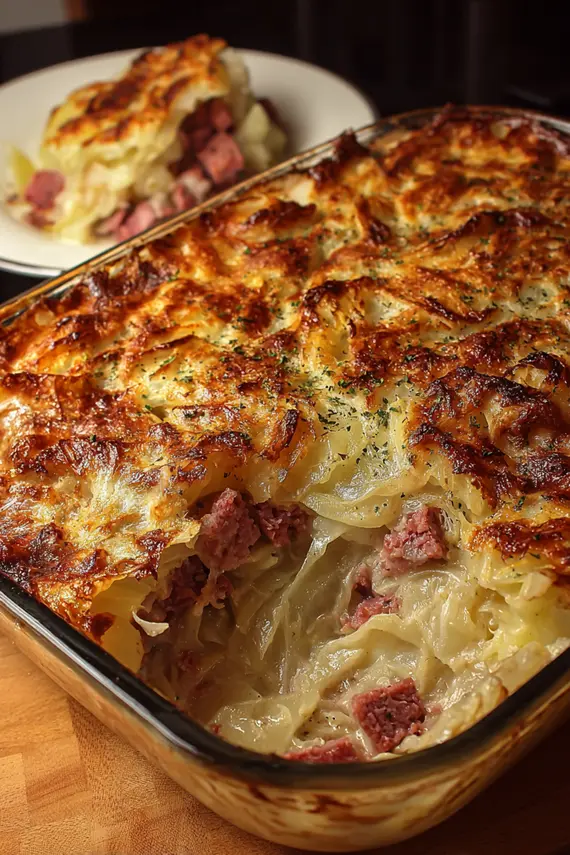 Golden corned beef cabbage parmesan bake fresh from the oven