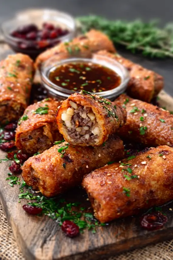 Beef rolls with cranberries and walnuts served with a side of colorful vegetables