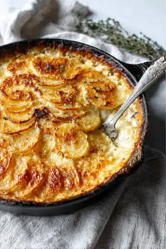 Parmesan gruyere potato gratin served on a dinner plate with protein and vegetables