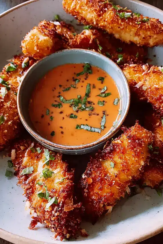 Crispy coconut chicken pieces served with bang bang sauce for dipping