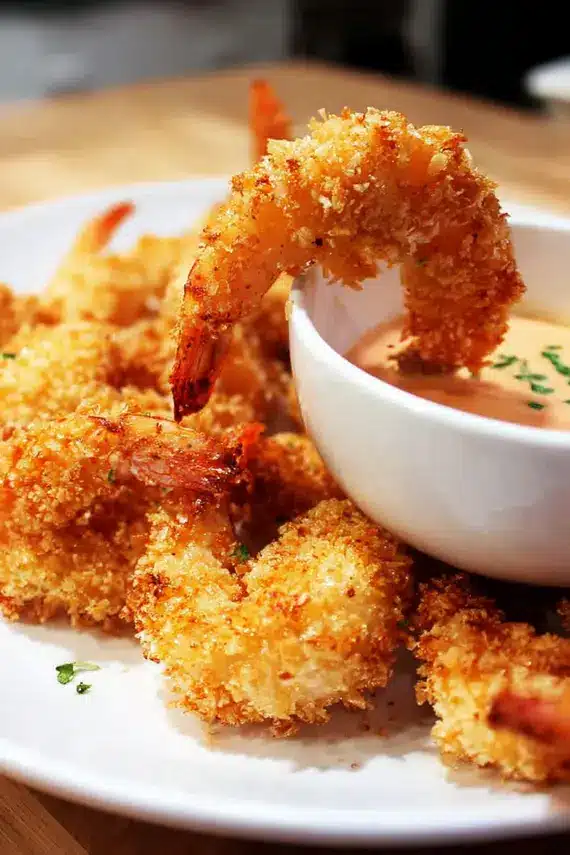 Perfectly golden crispy coconut shrimp arranged on a serving plate