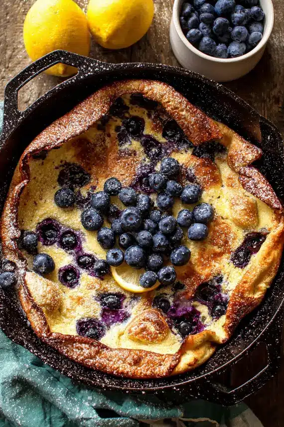Perfectly puffed blueberry lemon dutch baby fresh from the oven