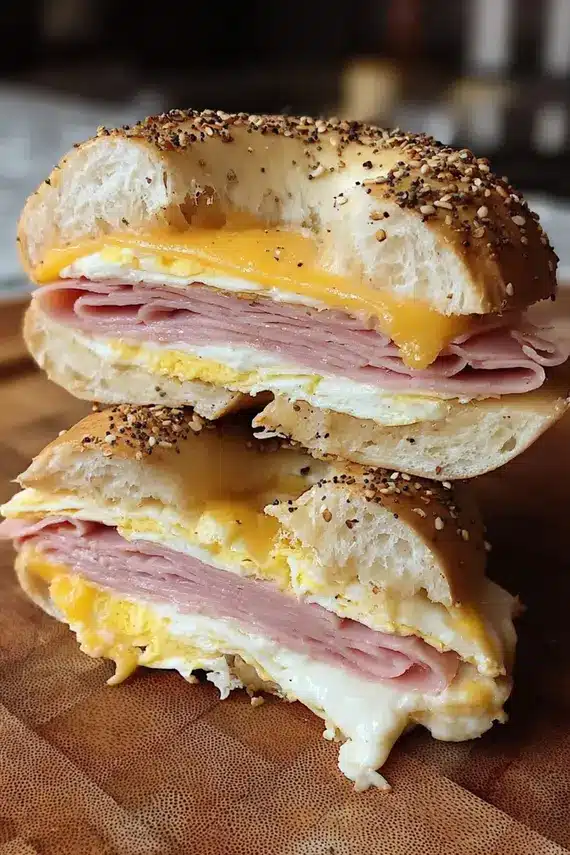 Mortadella egg cheddar bagel sandwich served with fruit side and coffee