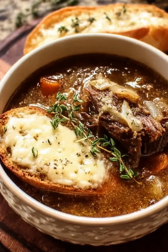 French onion short rib soup in a rustic bowl with melted cheese
