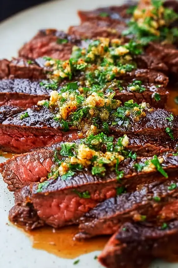 Brazilian garlic butter steak sliced and ready to serve showing juicy medium-rare interior with melted garlic butter