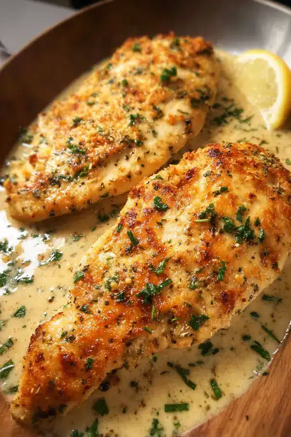 Garlic parmesan crusted chicken served on a plate with side dishes