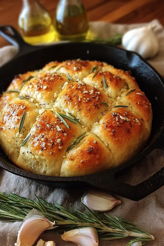 Golden-brown garlic rosemary skillet bread with crispy exterior and soft interior