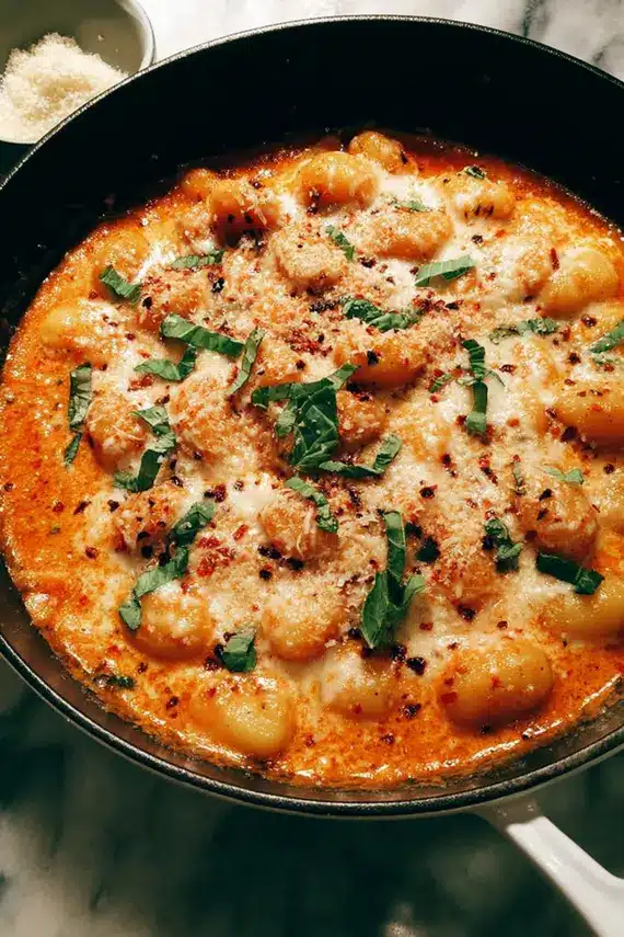 Three cheese gnocchi with spicy sauce in a cast iron skillet