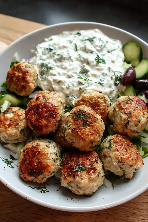 Freshly baked Greek chicken meatballs with tzatziki sauce
