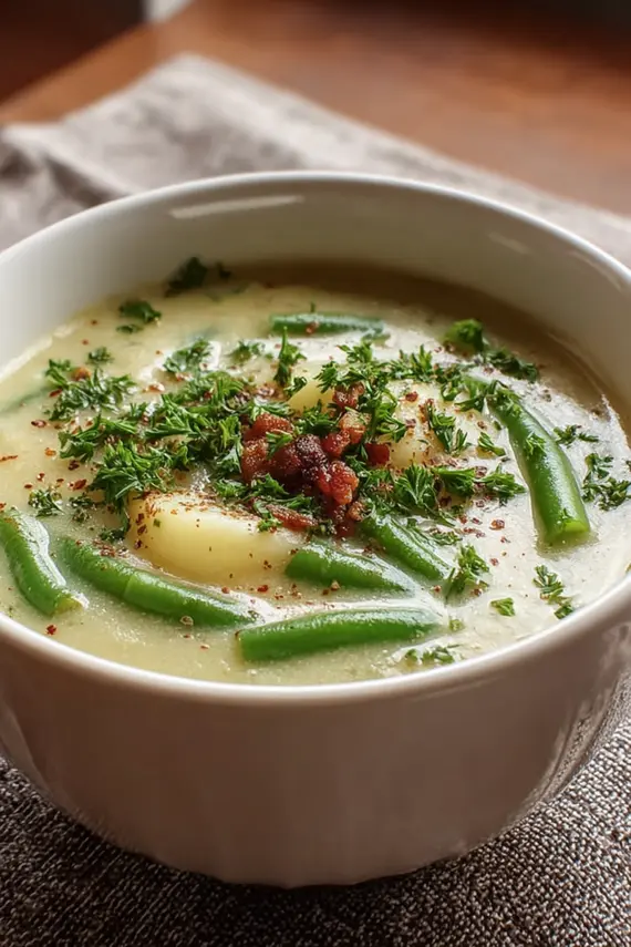 Creamy green bean potato soup in a white bowl
