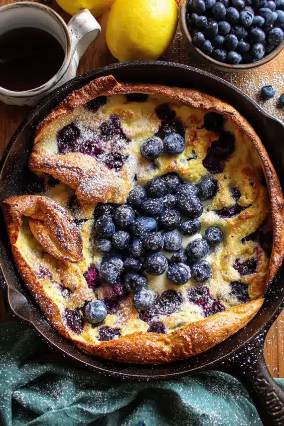 Blueberry lemon dutch baby served with fresh berries and powdered sugar