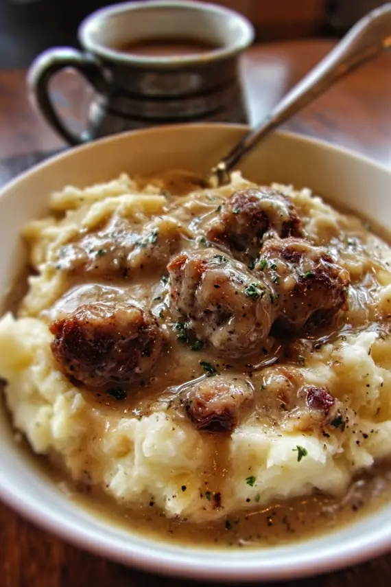 Creamy garlic mashed potatoes topped with savory sausage gravy
