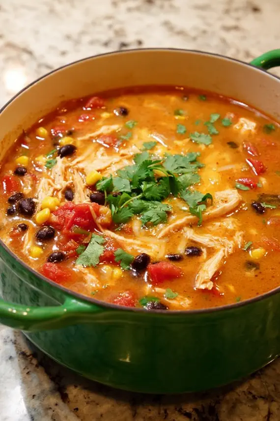 Southwestern chicken enchilada soup served with tortilla chips, avocado, and lime wedges