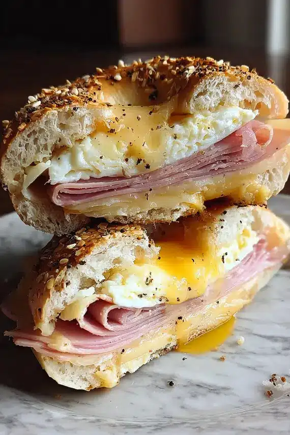 Freshly made mortadella egg cheddar bagel sandwich cut in half showing layers