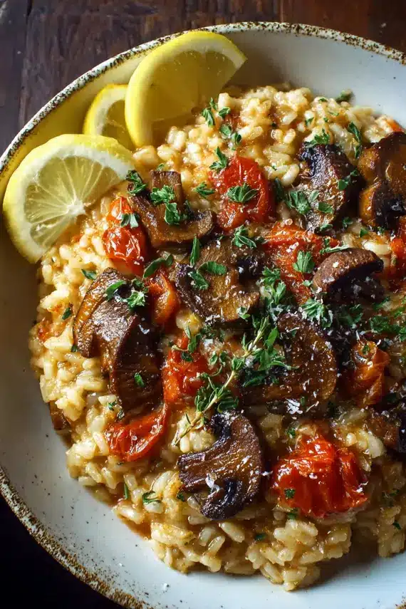 Lemon tomato risotto with mushrooms garnished with parsley and lemon wedges