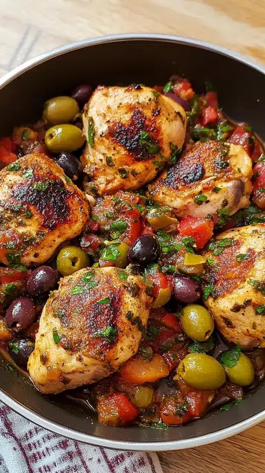 Freshly prepared chicken with olive salsa in a serving bowl