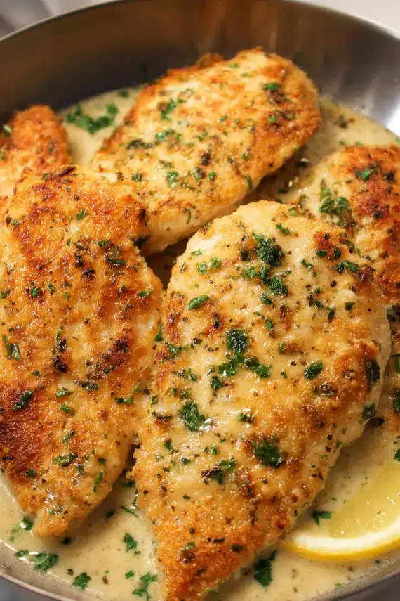 Golden garlic parmesan crusted chicken fresh from the oven