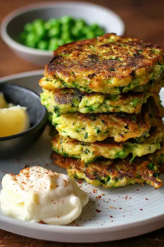 Zucchini pea fritters served on a plate with dipping sauce